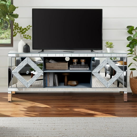 Gzxs Mirrored TV Stand, Silver TV Cabinet with 2 Storage Cabinets and Open Shelves, 59" Media Entertainment Center with Diamond Shaped Sparkling Mirrored Doors (Silver)