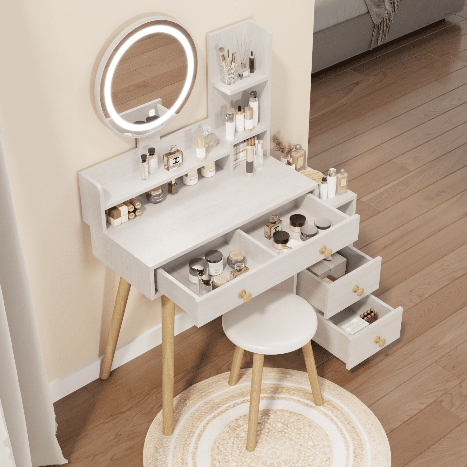 Resenkos Lighted Makeup Vanity Desk Set with Round Mirror&Power Outlet& Stool, Bedroom Dressing Table, White Oak Resenkos Lighted Makeup Vanity Desk Set with Round Mirror&Power Outlet& Stool, Bedroom Dressing Table, White Oak
