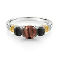 thumbnail image 2 of Gem Stone King 925 Silver and 10K Yellow Gold Red Tiger Eye and Black Onyx and Diamond 3-Stone Ring for Women (1.59 Cttw, Gemstone Birthstone, Cushion 6MM and 4MM, Size 5), 2 of 3