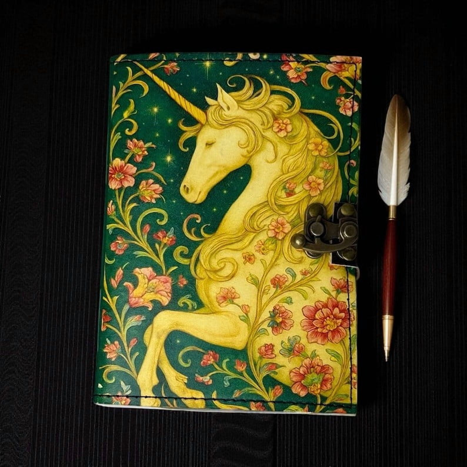 Unicorn Leather Grimoire – Celestial Spell Book of Shadows, 200 Pages Vintage Witchcraft Spellbook, Wiccan Pagan Gothic Witchy Gift
