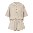 thumbnail image 7 of Women 2 Piece Linen Short Sets 2026 Summer Vacation V Neck Short Sleeve Beach Outfits Oversized Button Casual Suits Beige M, 7 of 7