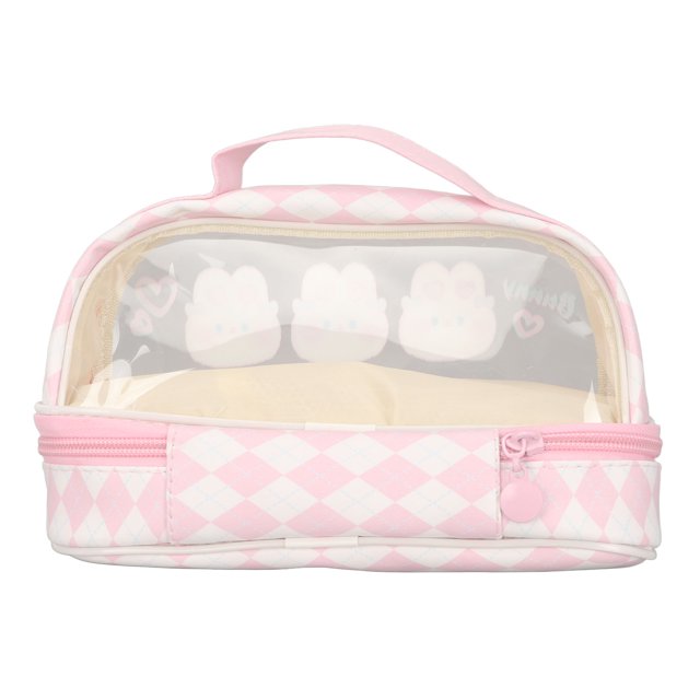 Bolsa de cosméticos ANGGREK estuche para lápices con diseño de conejo rosa transparente impermeable gran capacidad multiusos doble capa para la escuela