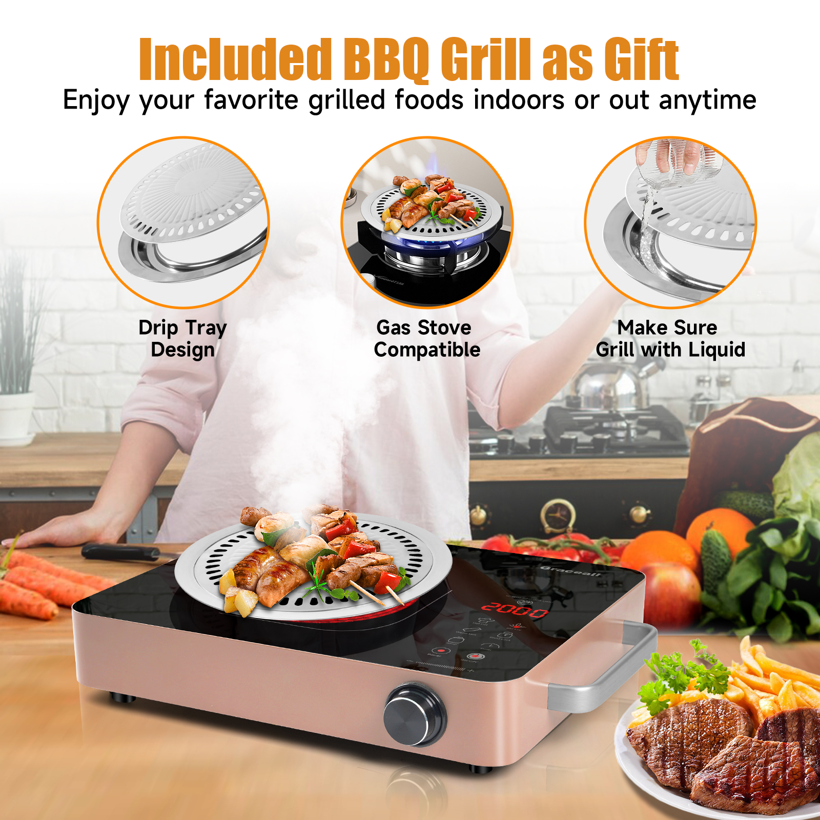 GRACEALL 2000W Single Burner Cooktop Portable Electric Stove, Infrared Hot Plate for Cooking, 120V Kitchen Cooker, Knob Control Glass Cook Top with BBQ Grill