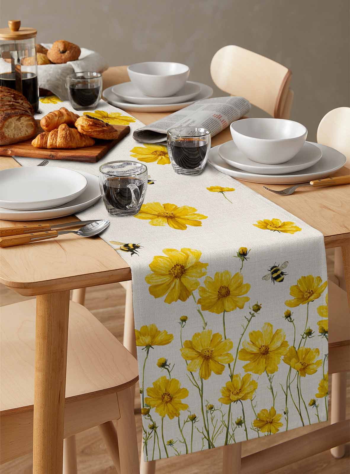 nqOlkjepod Yellow Floral Bee Table Runner 90 Inches Long Farmhouse Dress Scarves, Summer Watercolor Botanical Flower Dining Tablerunner for Coffee Table/Kitchen Island/Party Décor, 13" x 90"
