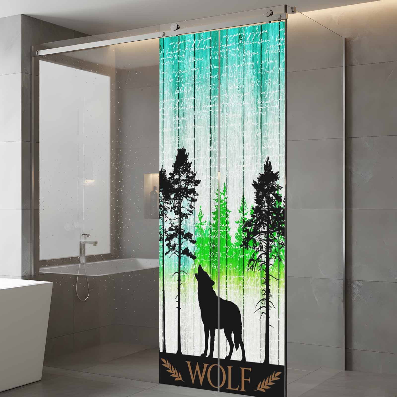 Forest Wolf Window Privacy Film, Pine Needles Green Gradient Wood Grain Frosted Glass Window Clings Static Cling UV Heat Blocking Reusable Door Sticker for Bathroom 23.6 x 59 Inch