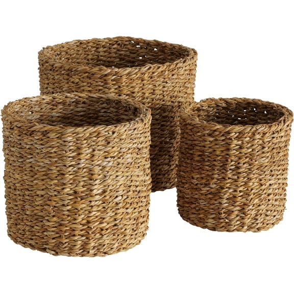 Wicker Plant Baskets, Round, Chunky Sweater Weave, Set of 3, Natural