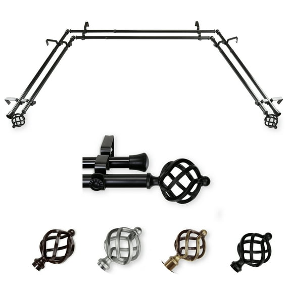 Jinx 13/16" Double Bay Window curtain rod Adjustable 20"-36", 38"-72" - Black,(ABay-42-2D)