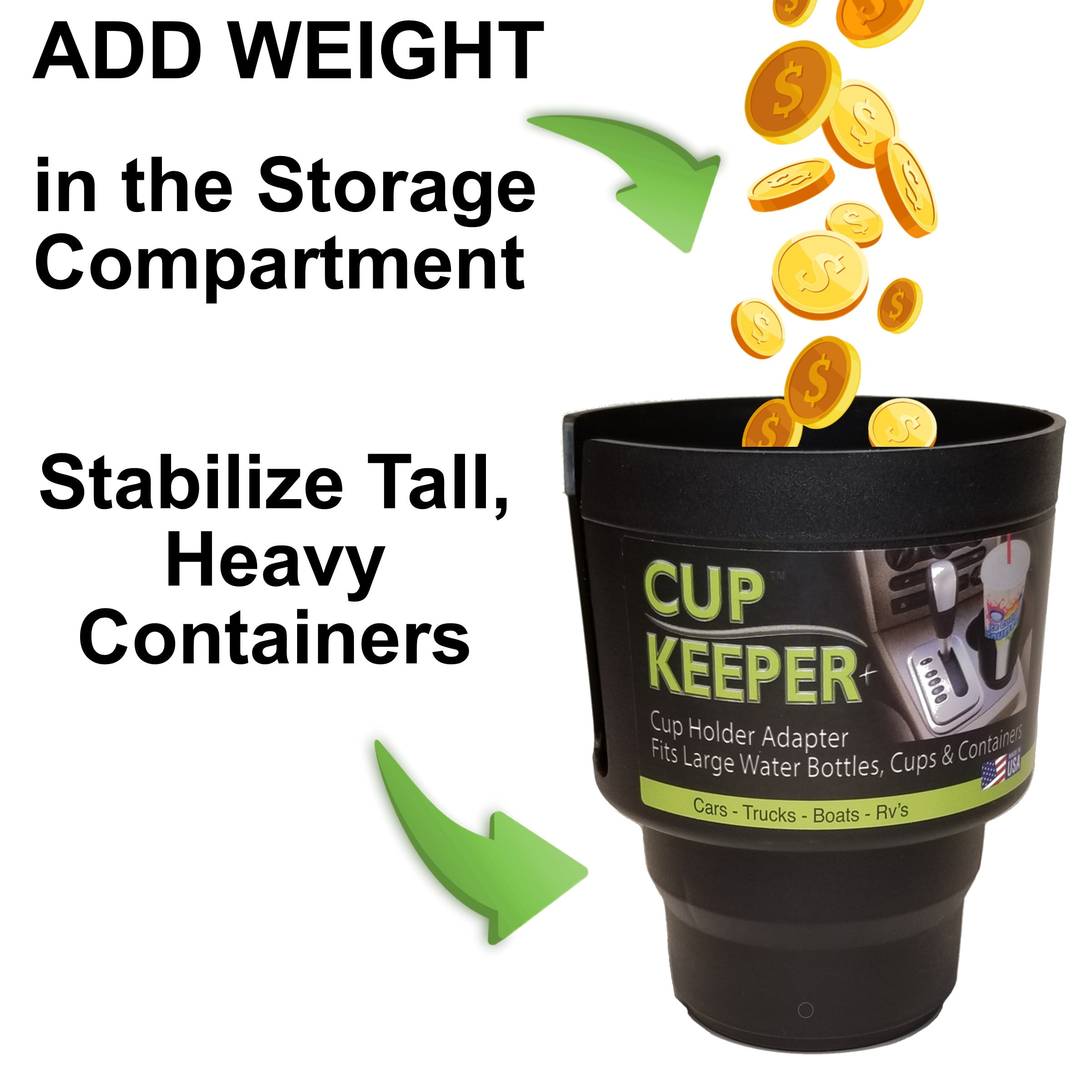 (2 pack) Gadjit Cup Keeper PLUS Car Cup Holder Adapter Expander with Storage, Black Durable Plastic