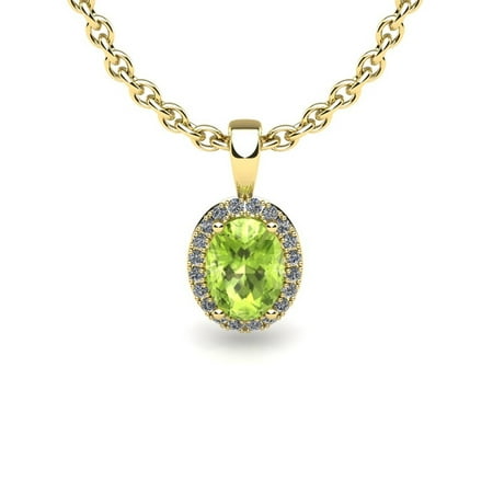 - 1/2 Carat Oval Shape Peridot and Halo Diamond Necklace In 14 Karat Yellow Gold With 18 Inch Chain