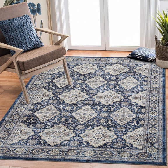 ZACOO 8'x10' Vintage Lattice Floral Area Rug Low Pile Easy Vacuum Machine Washable Non-Slip Carpet for Living Room Entryway Dining Room, Blue