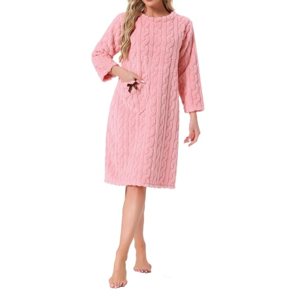 INSPIRE CHIC Womens Flannel Nightgown Fuzzy Fleece Sleepdress O Neck Pullover Winter Loungewear with Pocket S Pink