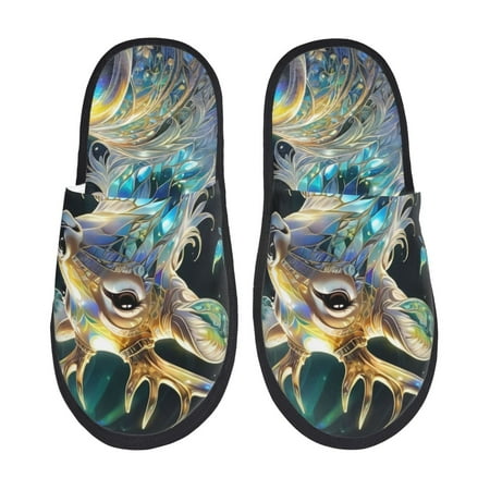Balery Colorful Stained Glass Deer Slient Indoor Furry Fleece Comfort House Shoes Soft Non-Slip Home Shoes Cotton slippers House Slippers-- Medium
