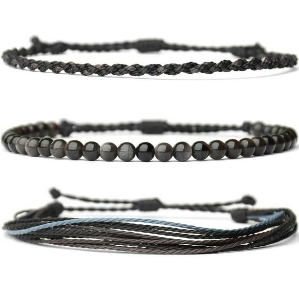 Xiao Hua Pulsera de cuentas de piedra natural hecha a mano, regalo para hombres, pulsera de cuerda ajustable, 3 piezas A06