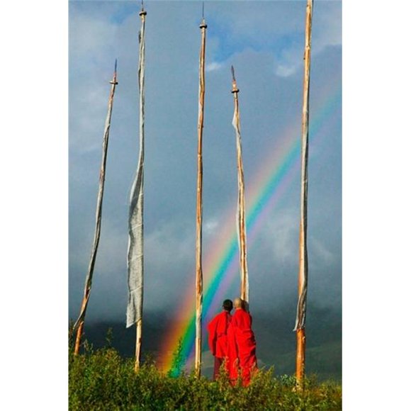 Danita Delimont PDDAS04KSU0067B Rainbow & Monks with Praying Flags Phobjikha Valley Gangtey Village Bhutan Poster Print by Keren Su, 11 x 17