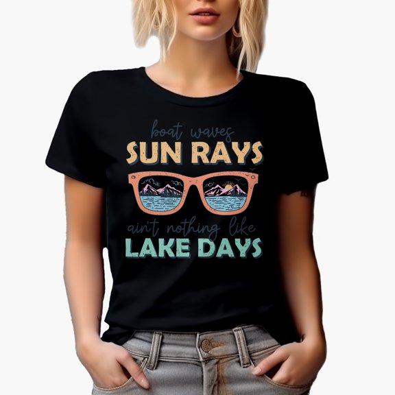 Distressed Boat Waves, Sun Rays, Ain't Nothing Like Lake Days & Sunglasses Art Merch Gift, Black T-Shirt, Small