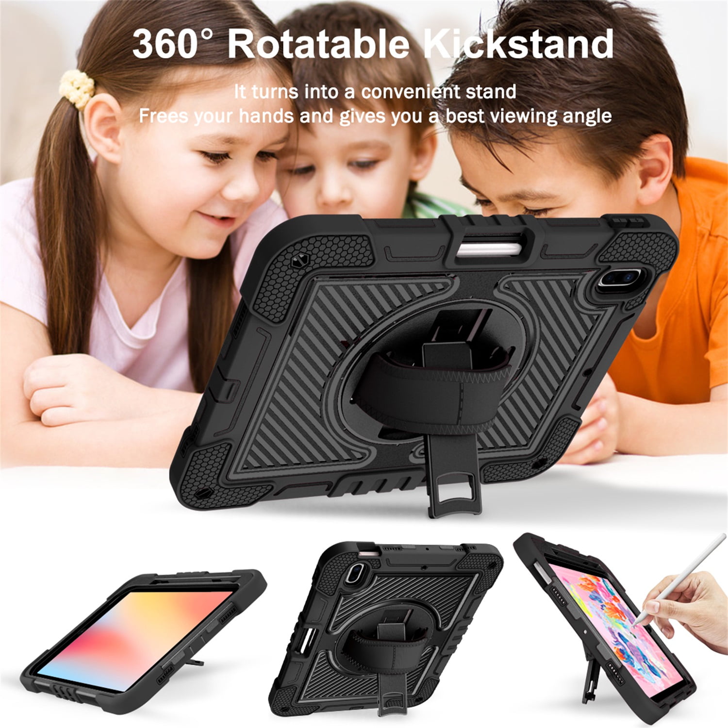 Tarise Case for Apple iPad 10th Generation 10.9 inch (2022), 360° Rotating Kickstand with Pencil Holder/ Hand Strap/ Shoulder Strap Hard PC Rugged Silicone Shockproof Bumper Swivel Stand Cover, Black