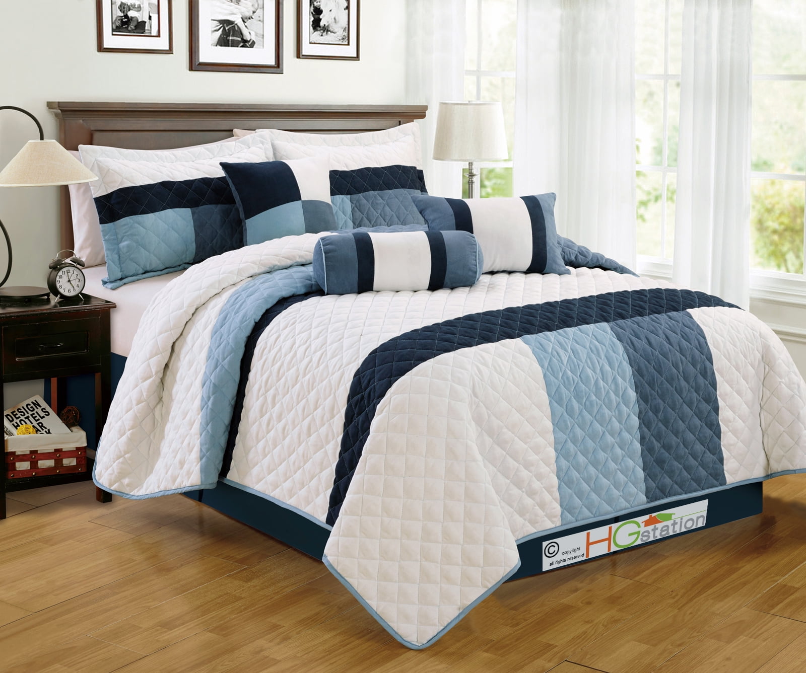 7-Pc Soft Faux Suede Sleek Quilted Striped Patchwork Comforter Set Navy