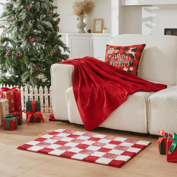 CozoCube Christmas - Alfombrilla de baño a cuadros (91 x 61 cm), color rojo