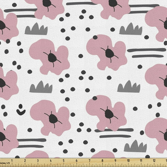 Flower Fabric by the Yard, Abstract Demonstration of Floral Pattern with Scandinavian Motifs, Decorative Upholstery Fabric for Sofas and Home Accents, 3 Yards, Pink Charcoal Grey and Grey by Ambesonne