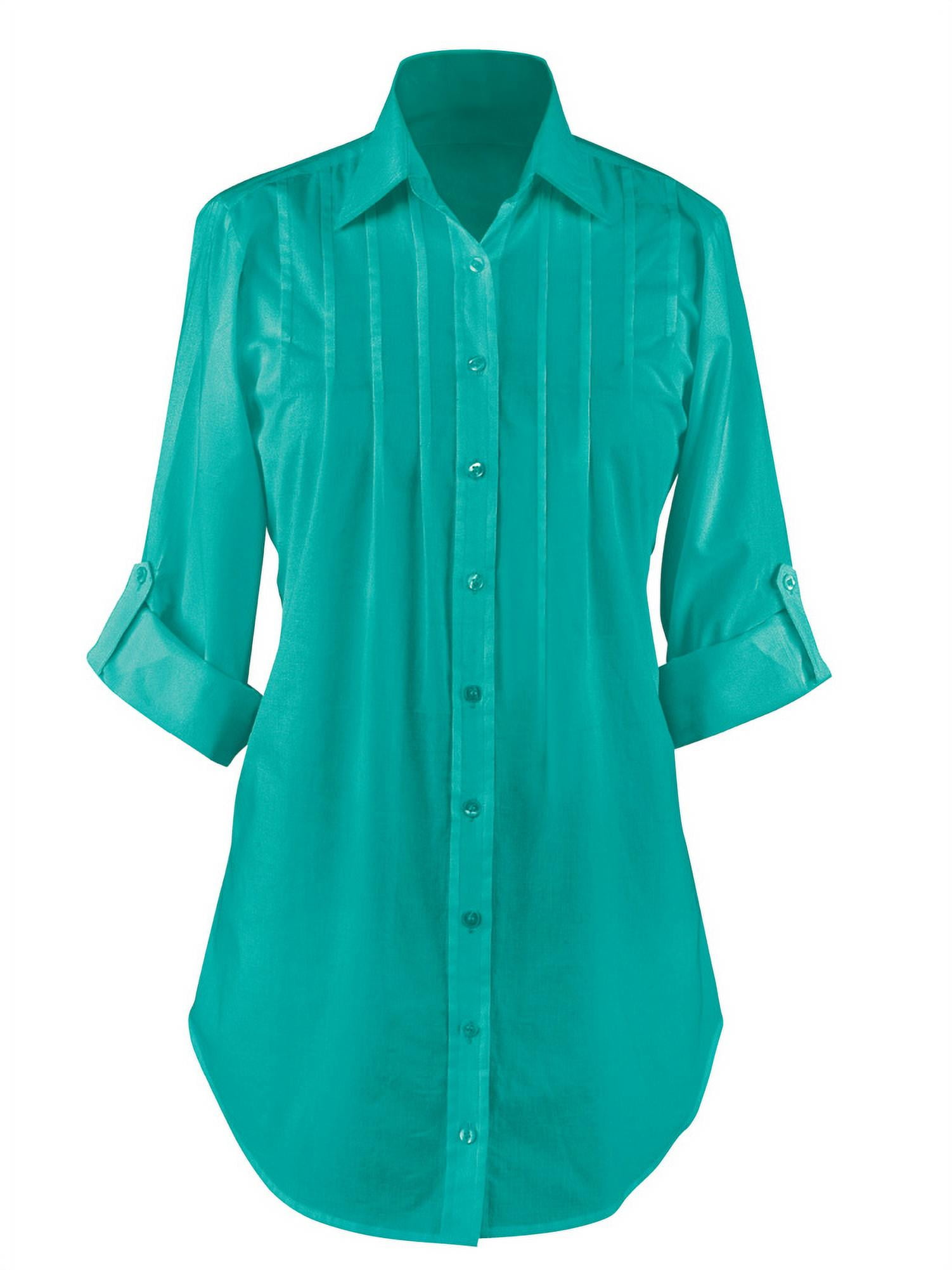 Women's Button Down, Collared, Roll Sleeve Tunic Top, Large 