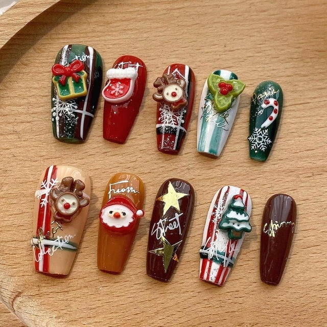 Uñas postizas navideñas, uñas postizas reutilizables, decoración de uñas, festivales, vacaciones, uñas largas y pegajosas para niñas y mujeres M