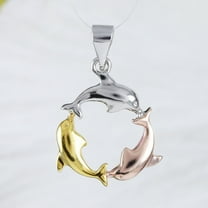 Unique Hawaiian Tri-color 3 Dolphin Necklace, Sterling Silver 3 Dolphin Charm Pendant, N9194 Birthday Wife Mom Valentine Gift