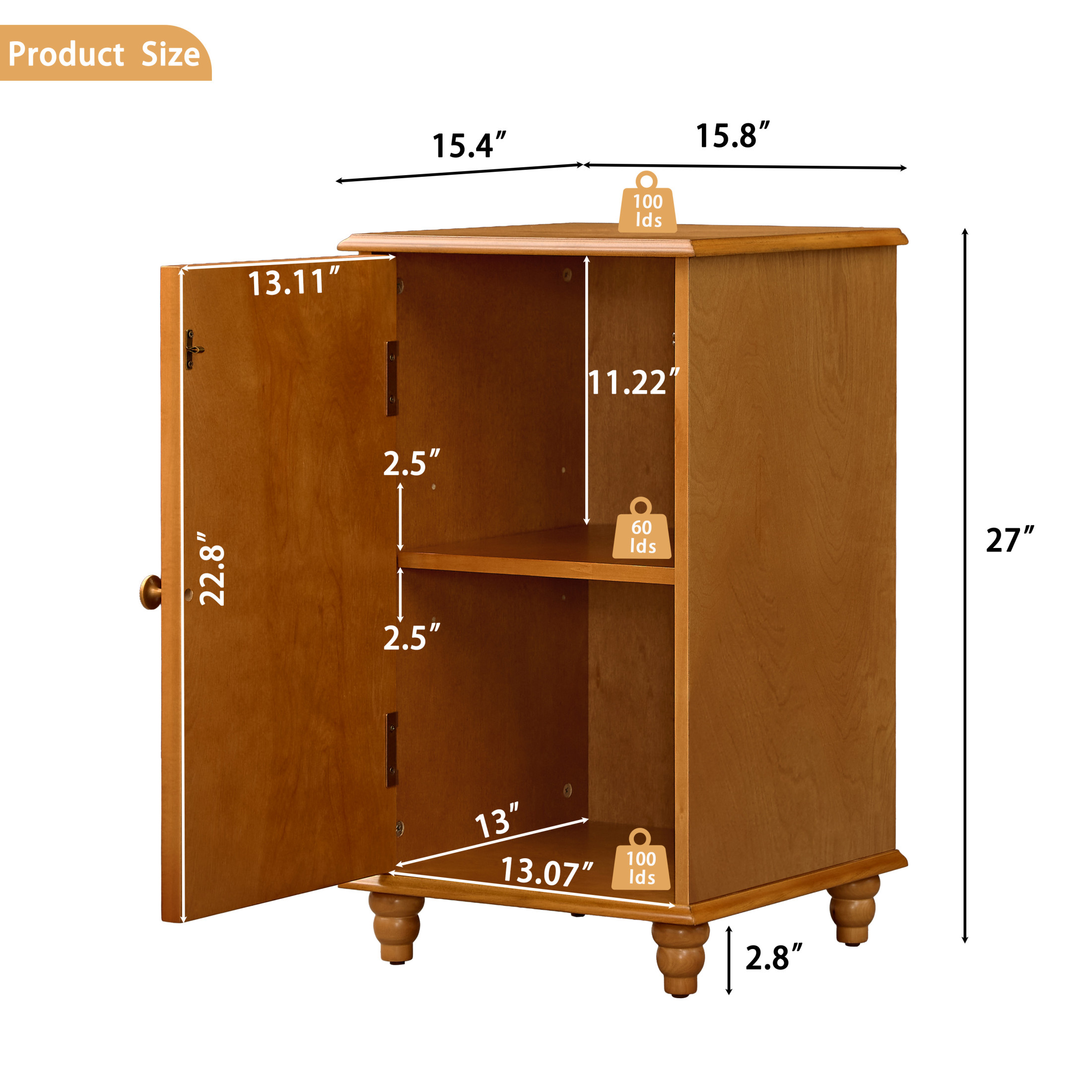 GDF Studio 27" Tall Mid-Century Modern Floor Cabinet with Door & Adjustable Shelf, Walnut