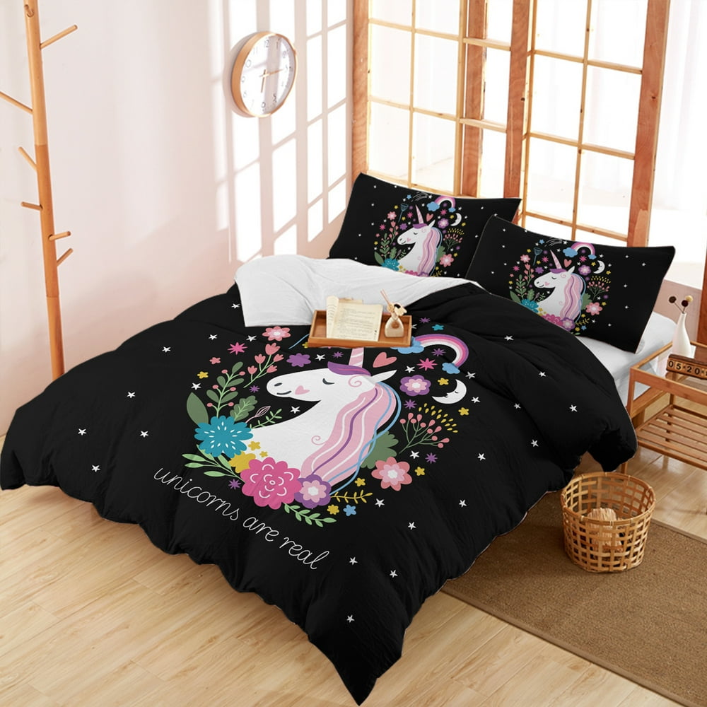 Arightex 3 Piece Teen Girls Bedding Duvet Cover Set, Black Pink Unicorn