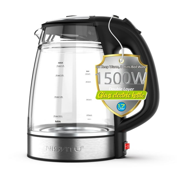 Hervidor eléctrico NISVITU, caldera de agua inalámbrica de doble vidrio, 1.7 L