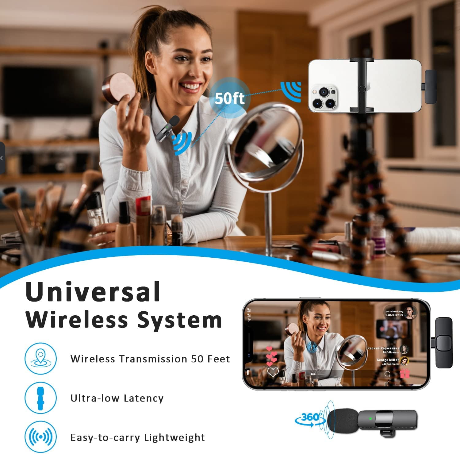 Professional Wireless Lavalier Lapel Microphone for iPhone, iPad - Cordless Omnidirectional Condenser Recording Mic for Interview Video Podcast Vlog YouTube