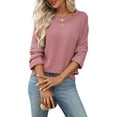 thumbnail image 3 of Women Long Sleeve Striped Waffle Knit Tops Fall Winter V Neck Casual Fashion Shirts Brown S, 3 of 9