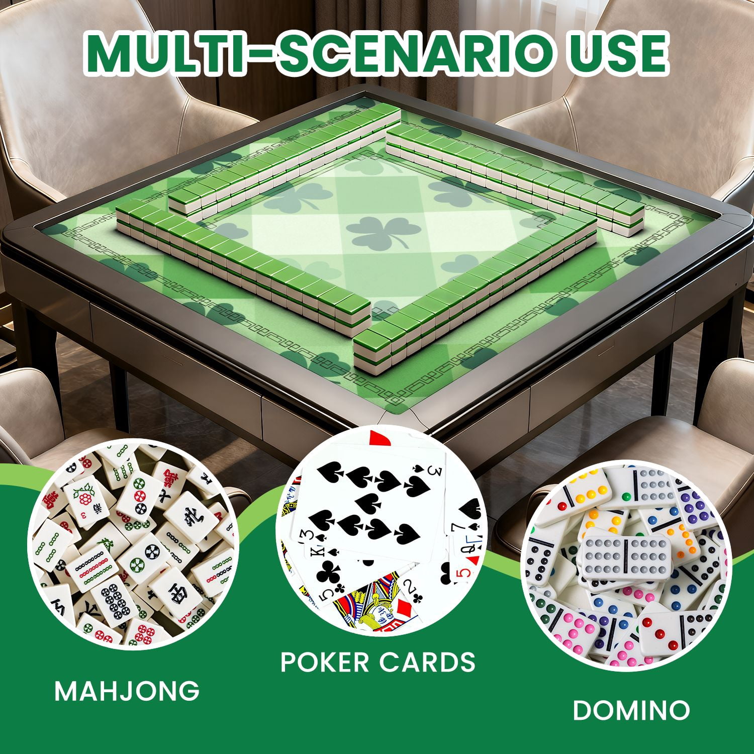 Mahjong Mat 31.5" x 31.5" Green Geometric Plaid Non-Slip Noise Reduction American Mahjong Tiles Table Cover for Dominoes Poker Card Board Games Gift