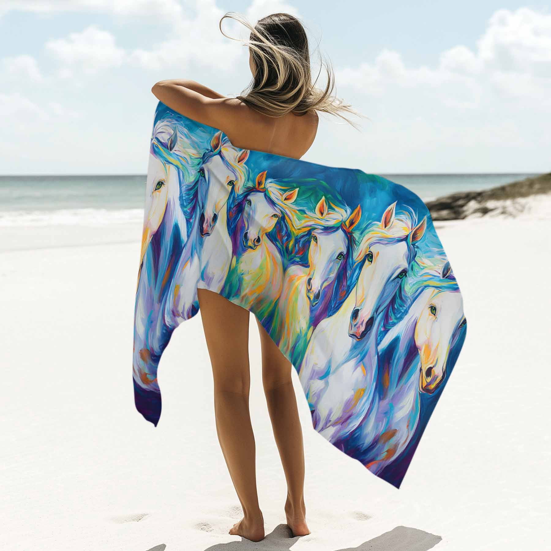 Watercolor Horse Pattern Beach Towels Blanket Soft&Absorbent Quick Dry Microfiber White Blue Turquoise Green Pool Towels for Swimming ,Yoga, Sports, Gym, Camping,Large 30X60in,