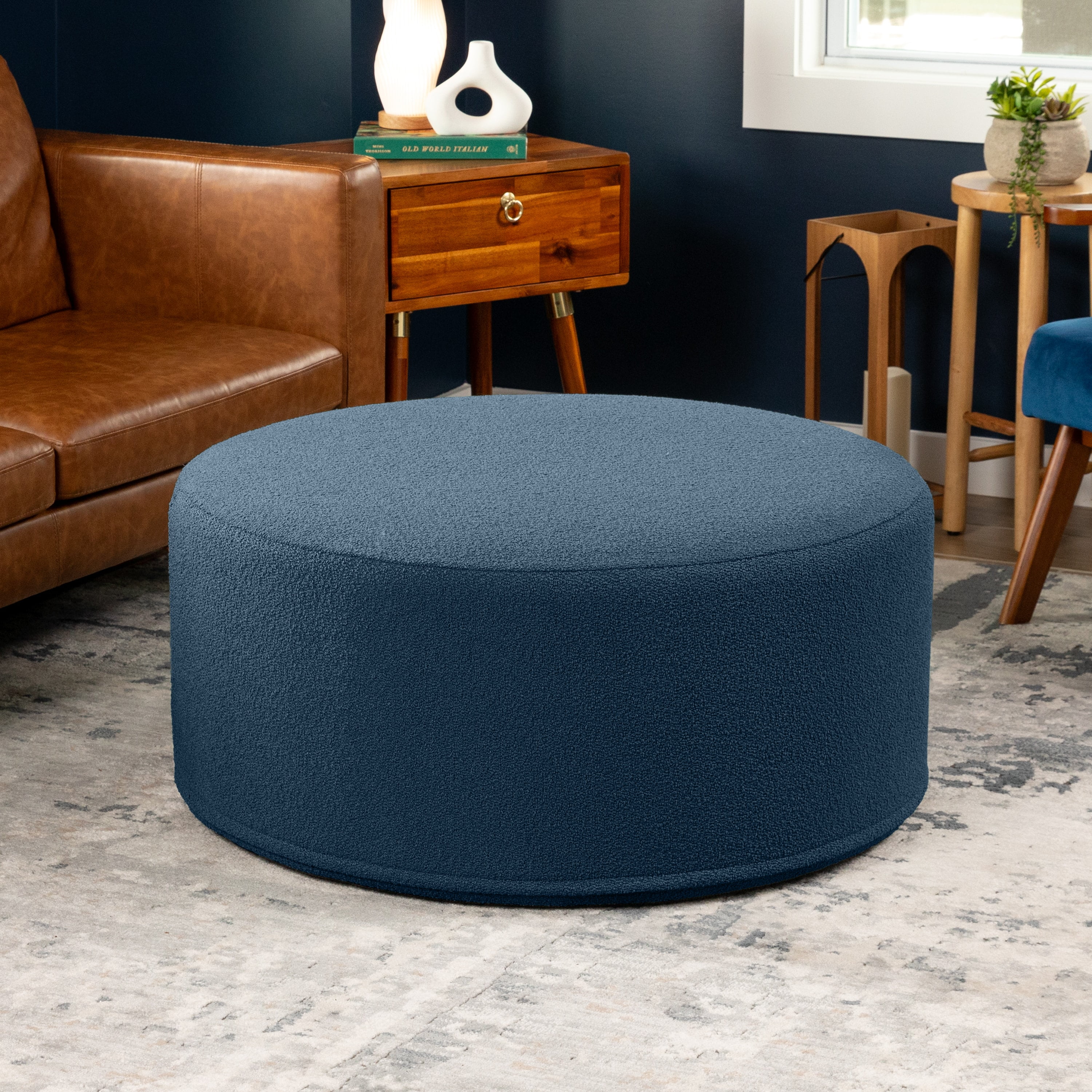 Jaxx Candler Round Coffee Table Ottoman, Large, 36-Inch, Boucle Navy