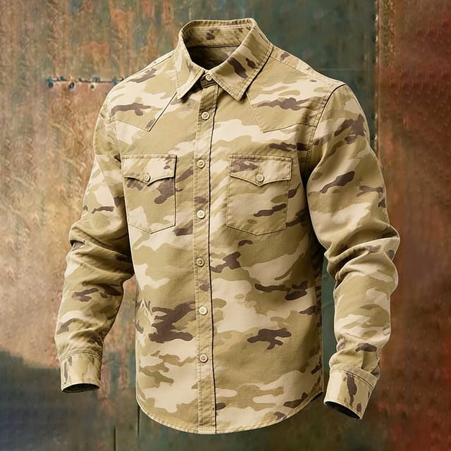 Ceisia Men's Loose Fit Vintage Camouflage Print Long Sleeve Cotton Shirt Khaki XXXL Gifts