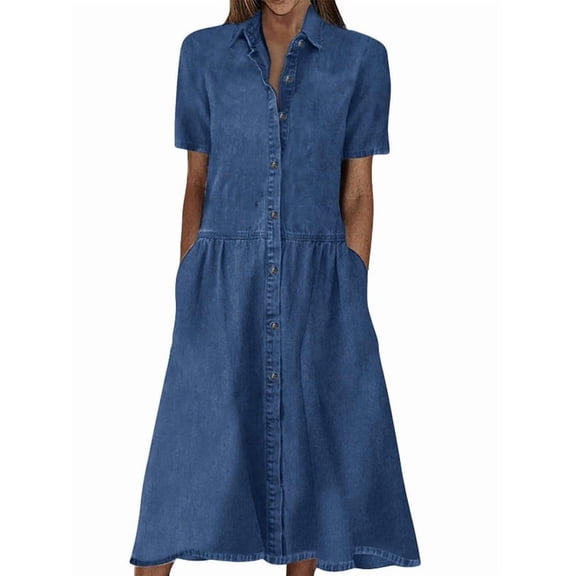 utcoco Womens Denim Dress Lapel Short Sleeve Frayed Hem Jean Dresses Oversized Button Down A Line Shirt Dress