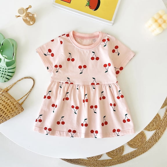 Girls Dresses Short Sleeve Fruits Print Princess Dance Party Kids Clothes