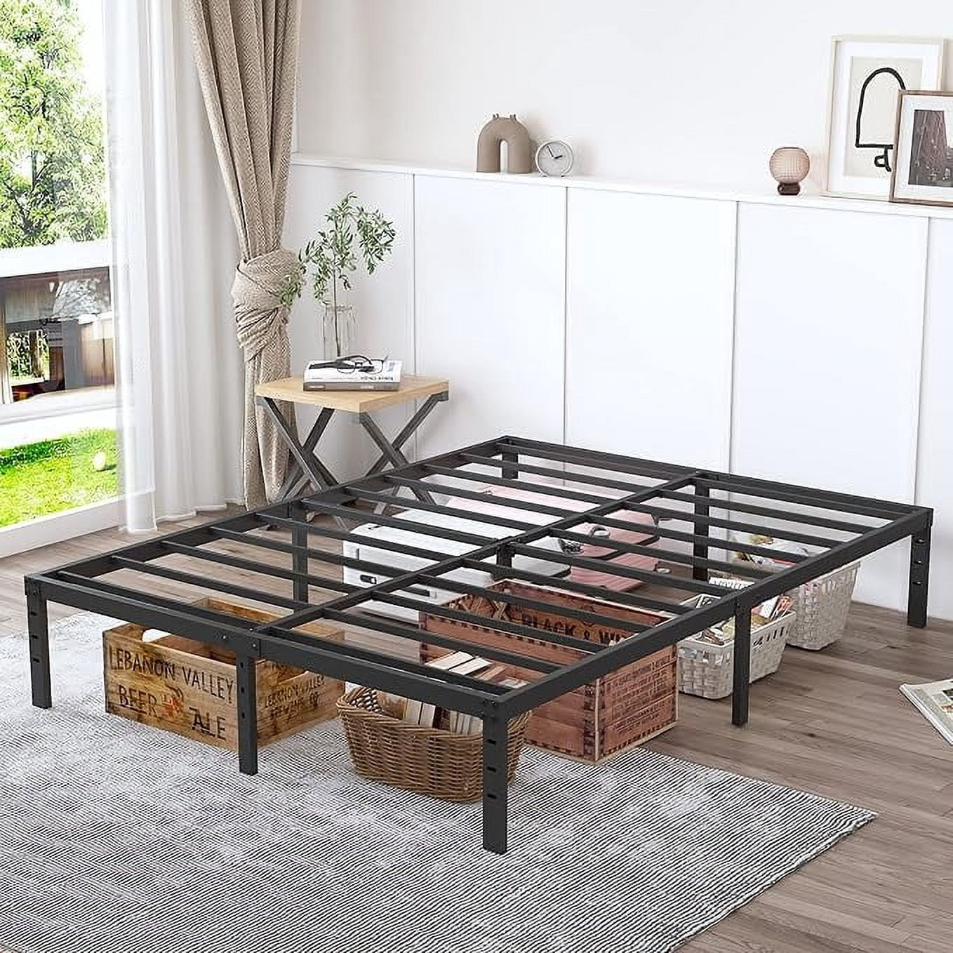Beddle Full Size Metal Bed Frame with Storage Space – Heavy Duty Platform, No Box Spring Needed, Black