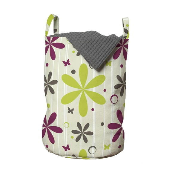 Floral Laundry Bag, Flowers Buds with Butterfly and Circle Hoops Nature Design, Hamper Basket with Handles Drawstring Closure for Laundromats, 13" x 19", Apple Green Dark Taupe, by Ambesonne