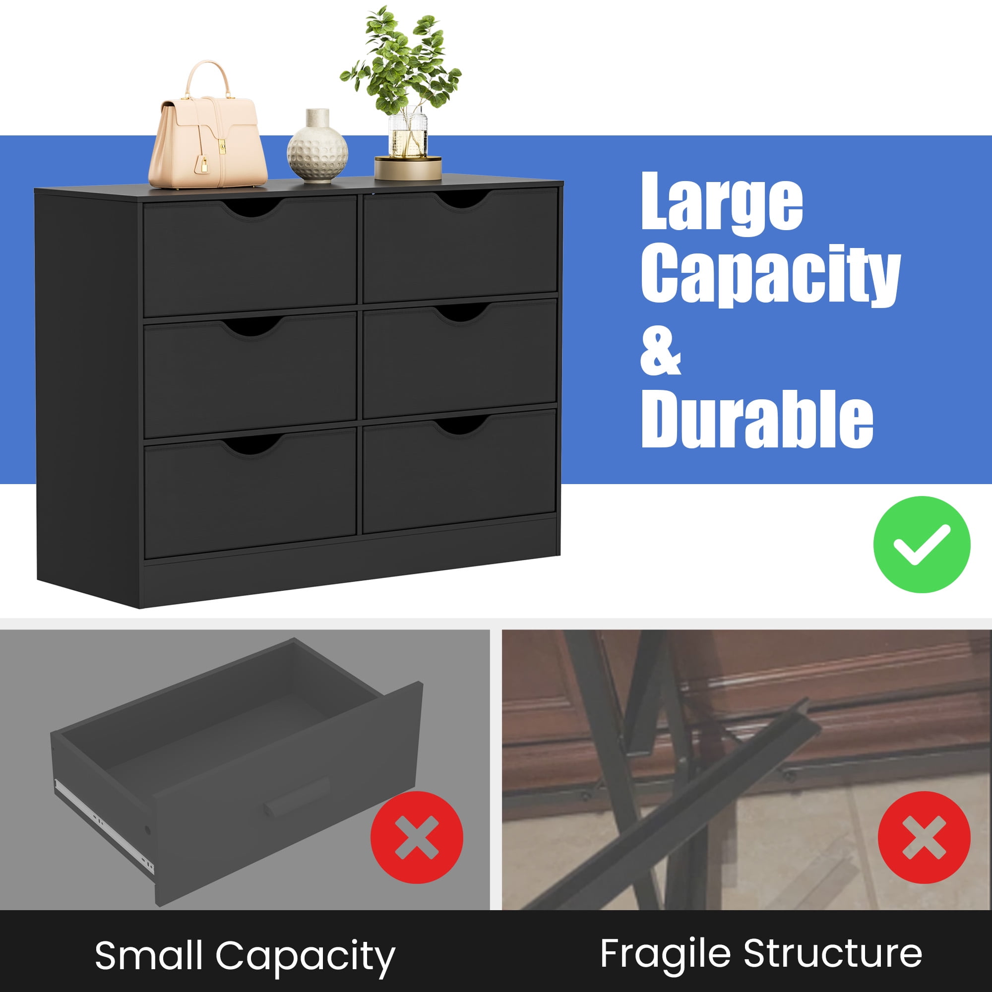 3 Tier Storage Organizer Wooden Book Shelf, 6 Cube Bookcase, 6 Removable Fabric PU Drawers Open Bookshelf, Modern Floor Standing Display Bookshelf for Living Room, Entryway, Home Office,Black