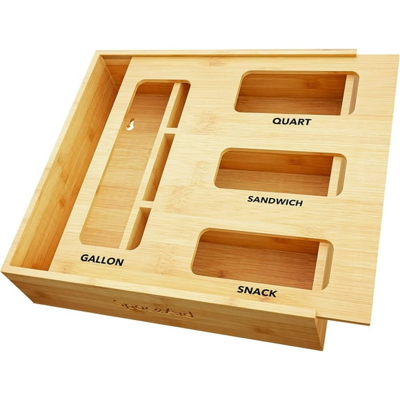 Bag Storage Organizer for Kitchen Drawer, Bamboo Organizer, Compatible with Gallon, Quart, Sandwich and Snack Variety Size Bag (1 Box 4 Slots)