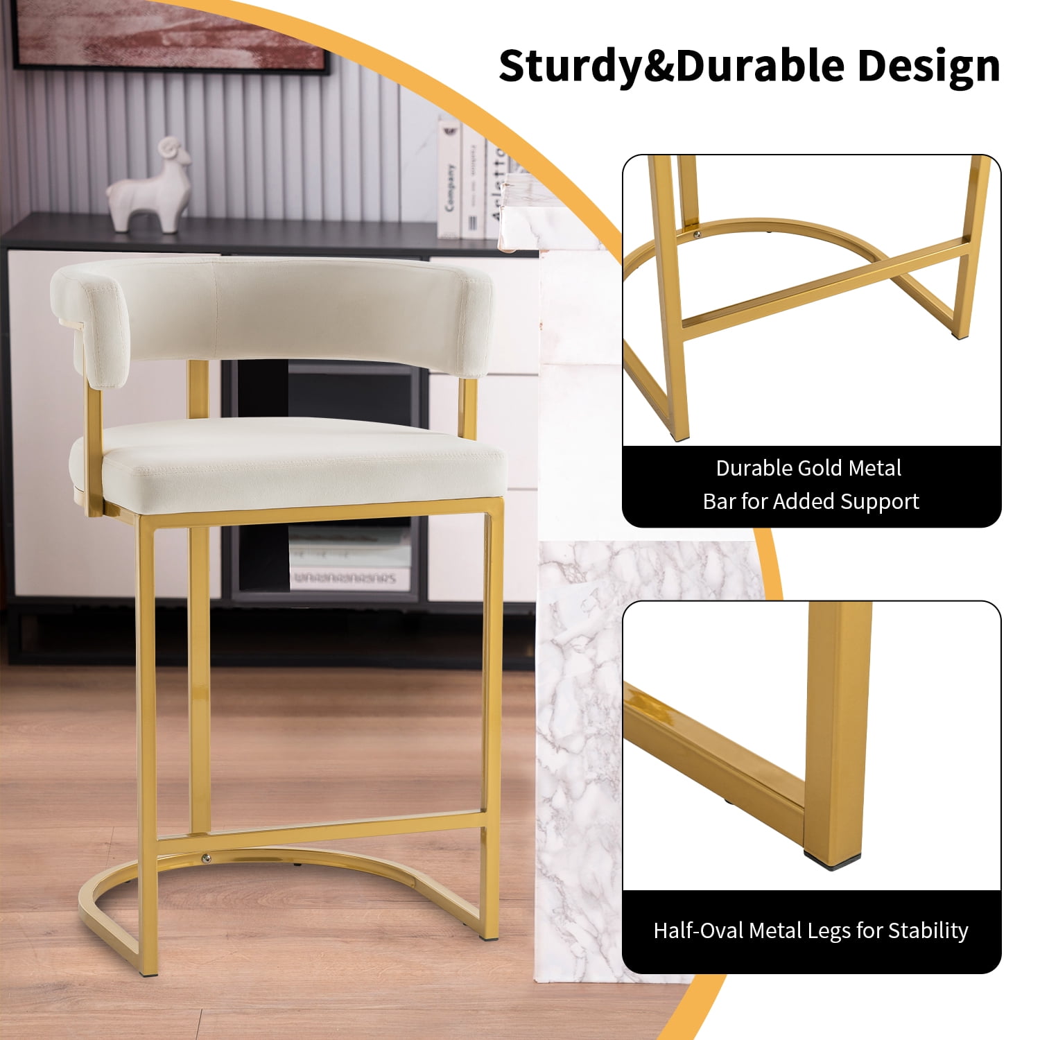 Set of 2 Beige Modern Velvet Bar Stools with Barrel Backrest, Upholstered Seat, and Gold Metal Footrest 25.6 inch Seat Height, Ideal for Counters, Home Bars, and Kitchen Islands