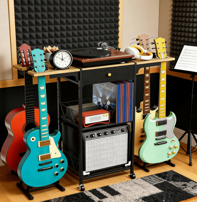 【Mulaibdin】Portable 3-Tier Rolling Guitar Stand with Amp Stand & Drawer, Spacious Organizer for Music Room, Bedroom & Living Room