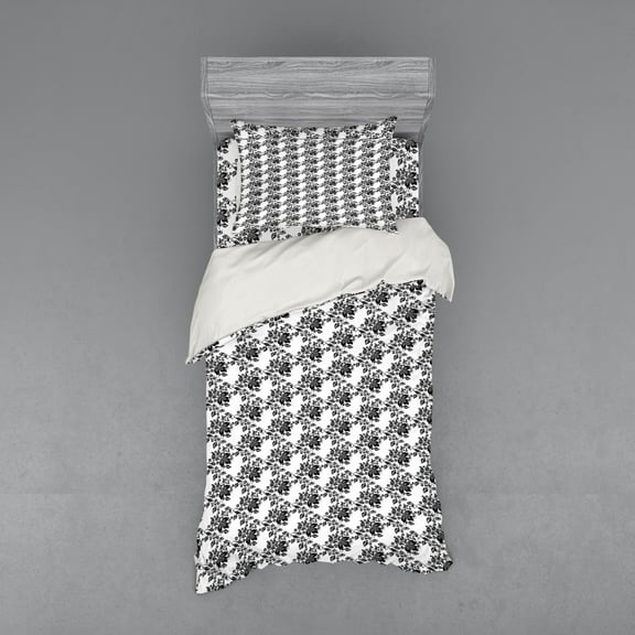Ambesonne Floral Bedding Set 3 Pcs, Victorian Inspired Classical, Twin, Charcoal Grey White