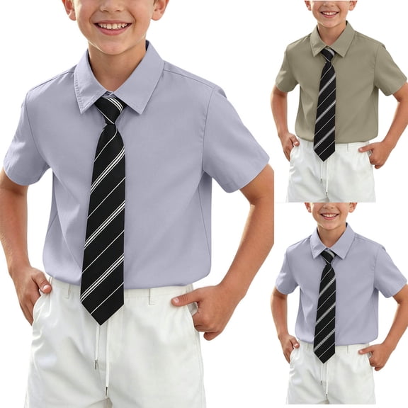 THDHVS Boys Button Down Shirt,Solid Color Preppy Style Lapel Short Sleeve Shirt Casual Versatile Fashion Wear for Kids,Boys Uniform Shirts Blue 2-3 Years