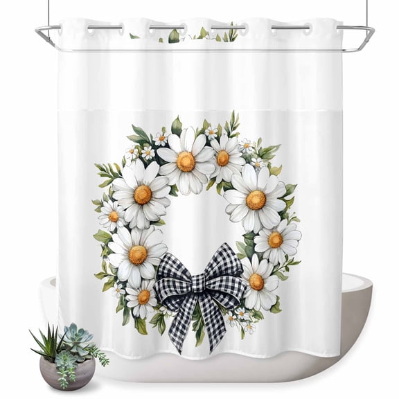 No Hook Shower Curtain with Built-in Rings - White Daisy Floral Washable Waterproof Fabric Bathroom Curtains for Hotel,Rentals, 72 X 78 Inch Long , Rustic Farm Plaid Bow Wreath