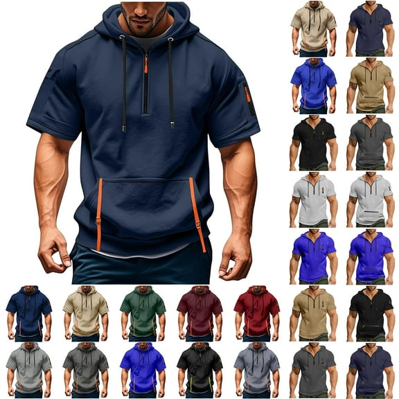 BiZtdJrK Hoodies for Men 1/4 Zip Short Sleeve Pullover Sweatshirt Lightweight Casual Hooded Workout Tops Gym Muscle Athletic Tshirts Blue XXXL