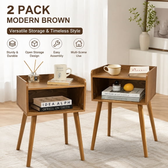 Nightstands Set of 2, Mid Century Modern Small End Tables with Storage, Solid Wood Legs Bedside Tables for Bedroom, Living Room, Office