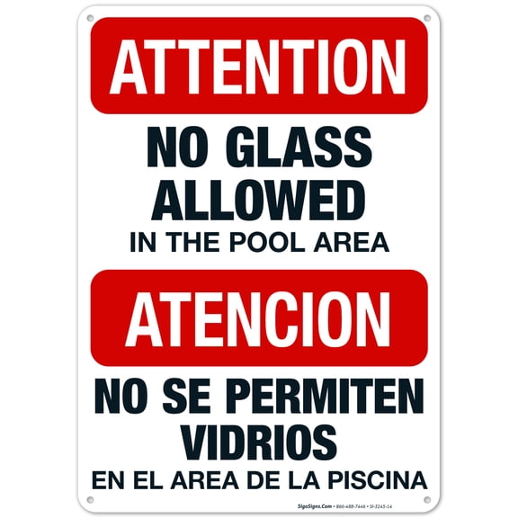 Attention No Glass Allowed Pool Sign, Bilingual Spanish English,