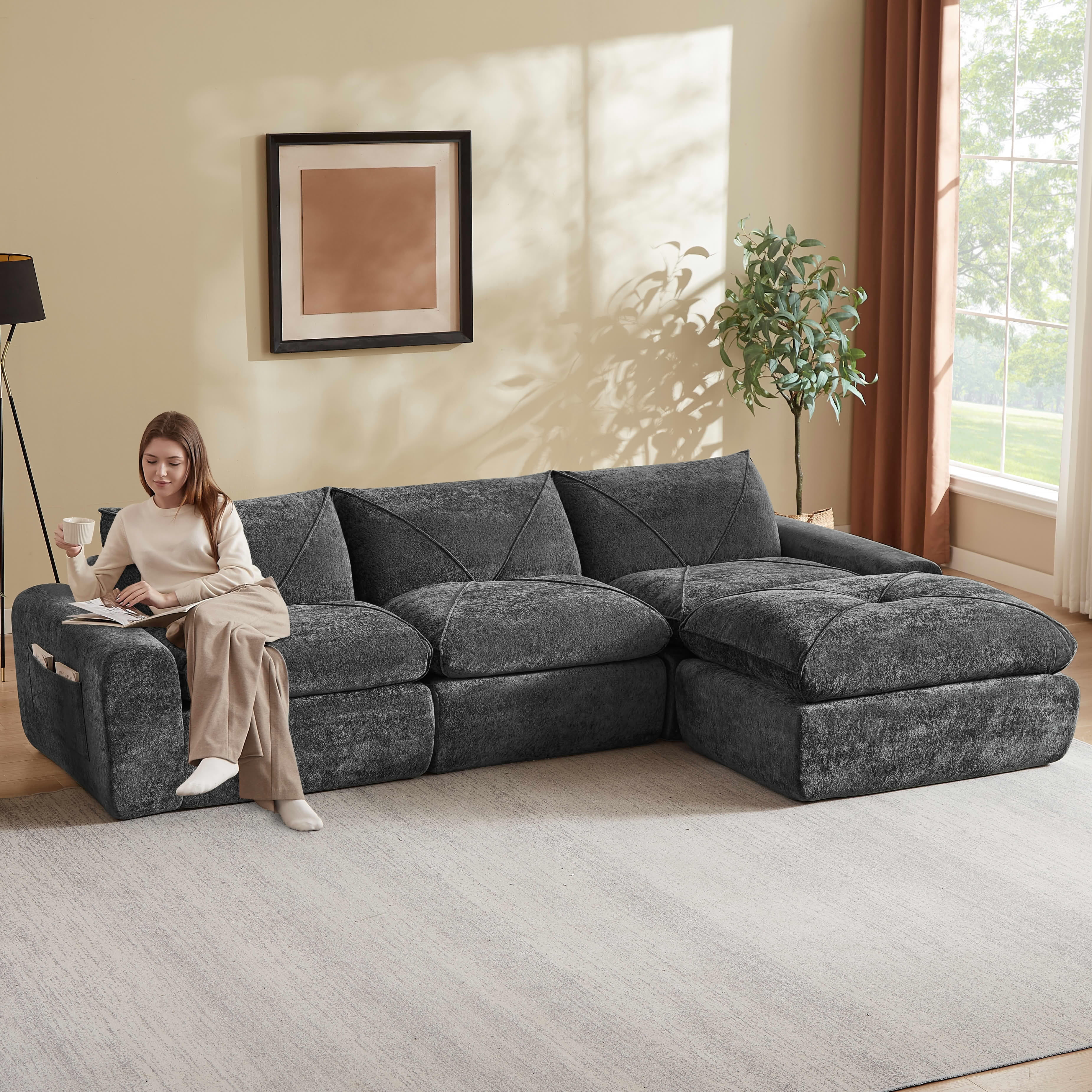 MAYEERTY 119" Dark Gray Chenille L-Shaped Modular Sectional Sofa, Spring Support for Living Room Apartment